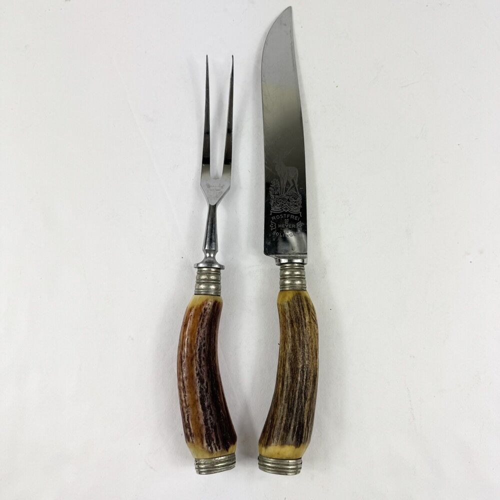 Solingen Fixed Blade Knife Fork Set Meyer Rostfrei Vintage Stainless Stag Handle